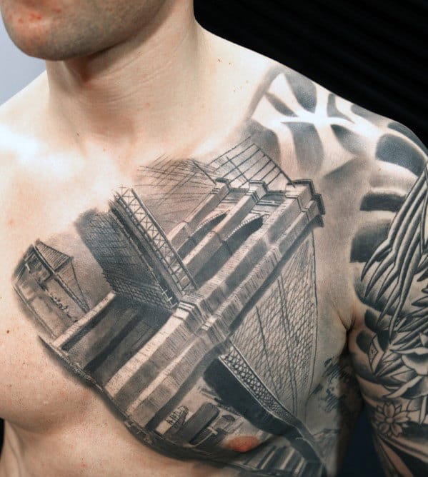 3d Mens Shaded New York City Brooklyn Bridge Chest Tattoo