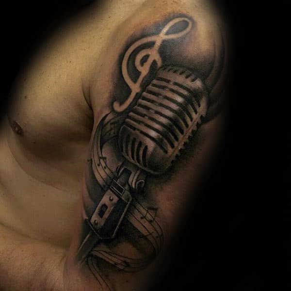 3d Metallic Mens Music Note Upper Arm Tattoo With Microphone
