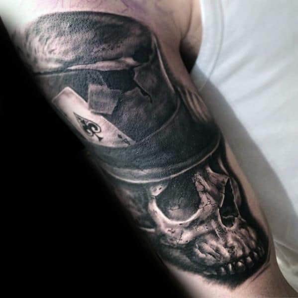 3d Realistic Arm Skull With Top Hat Tattoos For Gentlemen