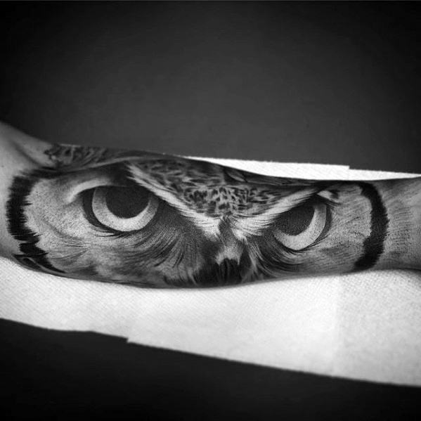 3d Realistic Owl Eyes Mens Outer Forearm Sleeve Tattoos