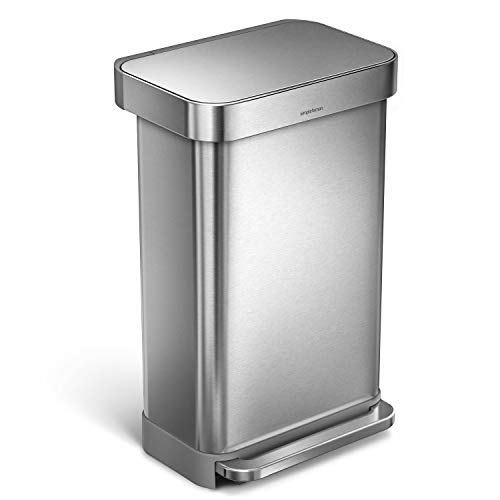 simplehuman 45 Liter / 12 Gallon Stainless Steel Rectangular Kitchen Step Trash Can with Liner Pocket, Brushed Stainless Steel