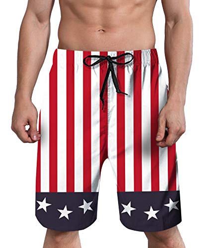 ALISISTER Men American Swim Trunks Flag Quick Dry Board Shorts 90S USA Star Striped Beach Boardshorts Mesh Lining Big Tall Summer Surf Swimwear 4th of July Independence Bathing Suit Black and White