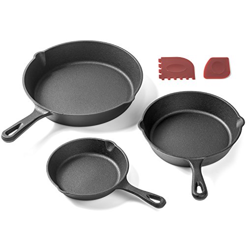 Pre-Seasoned Cast Iron Skillet 3 Piece Set (10, 8 inch & 6 inch Pans) Best Heavy Duty Professional Restaurant Chef Quality Pre Seasoned Pan Cookware For Frying, Saute, Cooking