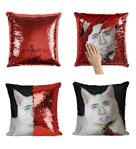 Nicolas Cage White Cute Cat Pillow, Sequin Mermaid Pillow, Reversible Pillow, Funny Pillow, Pillowcase, Xmas, Birthday, Gift, Present (Pillow Cover + Insert)
