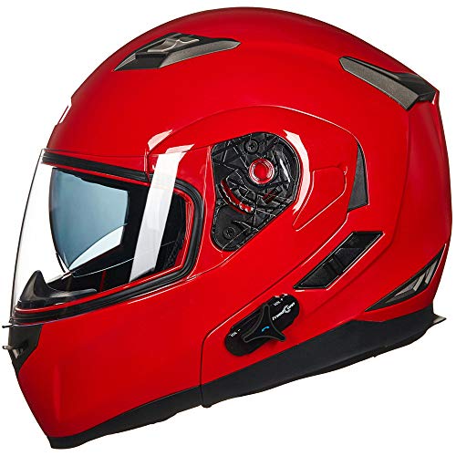 ILM Bluetooth Integrated Modular Flip up Full Face Motorcycle Helmet Sun Shield 6 Riders Group Intercom Mp3 (L, RED)