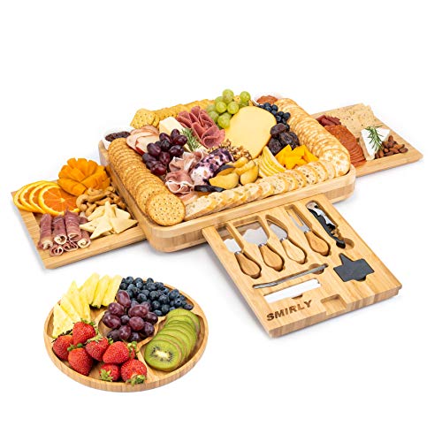 Smirly Cheese Board and Knife Set: 16 x 13 x 2 Inch Wood Charcuterie Platter for Wine, Cheese, Meat