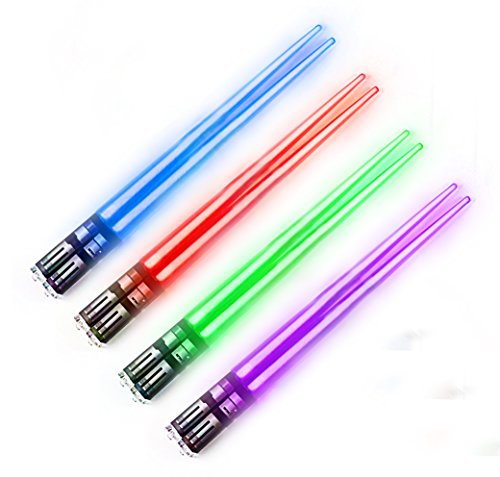 Lightsaber Chopsticks Star Wars Light Up - LED Glowing Light Saber Chop Sticks - Reusable Sushi Lightup Sabers Chopstick Set Of 4 Pairs - Blue & Red & Green & Purple