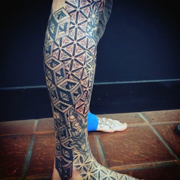 All Black Sacred Geometry Tattoos For Guys On Legs