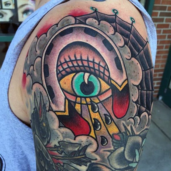 All Seeing Eye With Traditional Horseshoe Mens Half Sleeve Tattoo