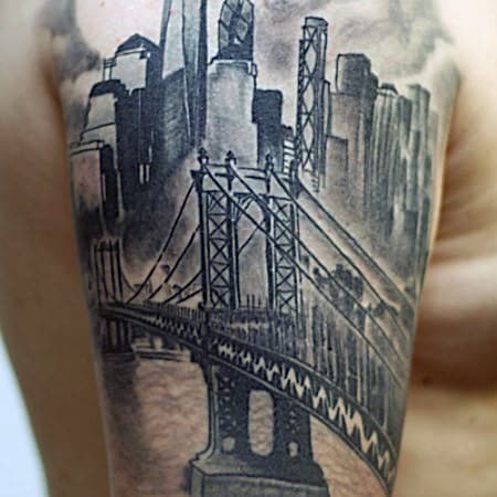 Amazing Mens Brooklyn Bridge Quarter Sleeve Tattoo