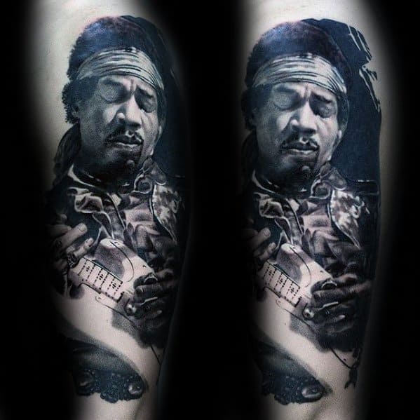 Amazing Mens Leg Jimi Hendrix Portrait Tattoo Designs