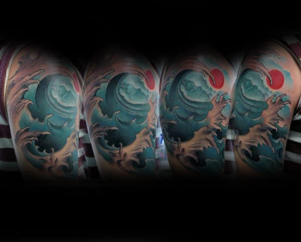 Amazing Ocean Waves With Red Circle Rising Sun Guys Sleeve Tattoo