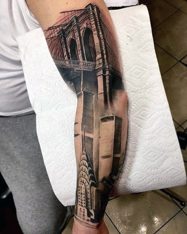 Amazing Realistic 3d Brooklyn Bridge Mens Sleeve Tattoos