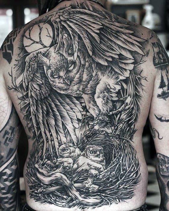 Amazing Shaded Owl Flying With Moon Mens Full Back Tattoos