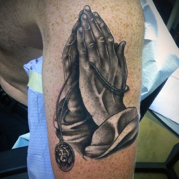 Arm Praying Hands And Rosary Tattoo For Males