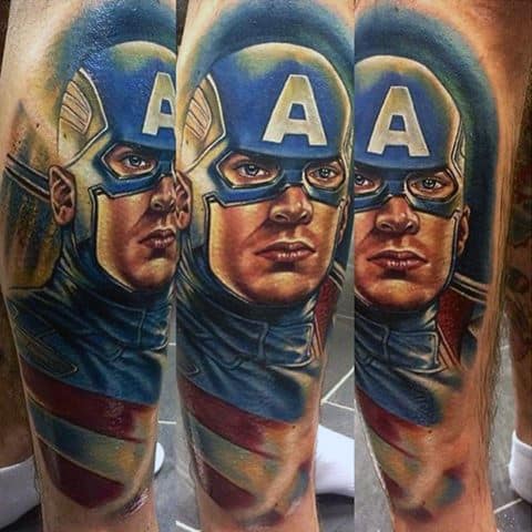 Awesome Captain America Leg Sleeve Mens Tattoo Ideas