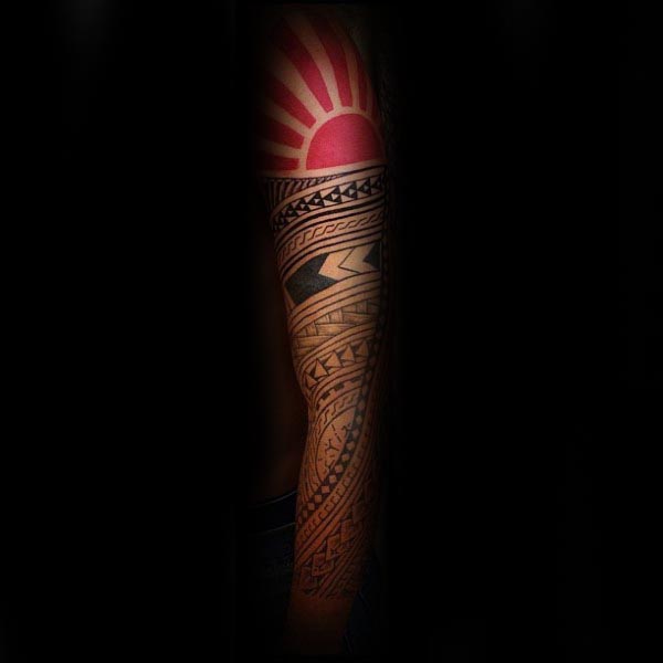 Awesome Guys Polynesian Tribal Rising Sun Full Arm Sleeve Tattoos