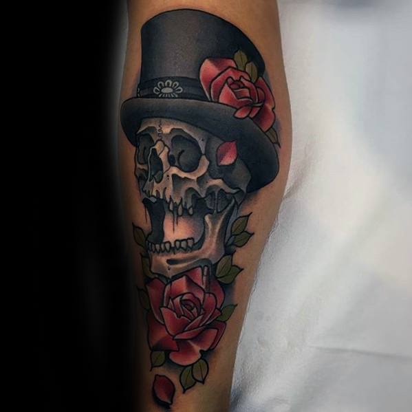Awesome Neo Traditional Rose Flower Skull With Top Hat Tattoos For Men On Leg