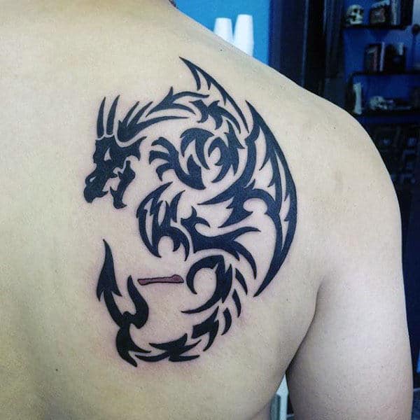 Back Of Shoulder Tribal Dragon Tattoos For Guys