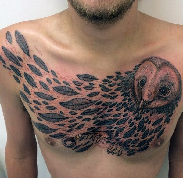 Barn Owl Feathers Mens Upper Chest Tattoos