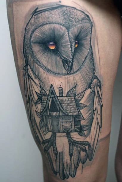 Barn Owl House Mens Thigh Tattoos