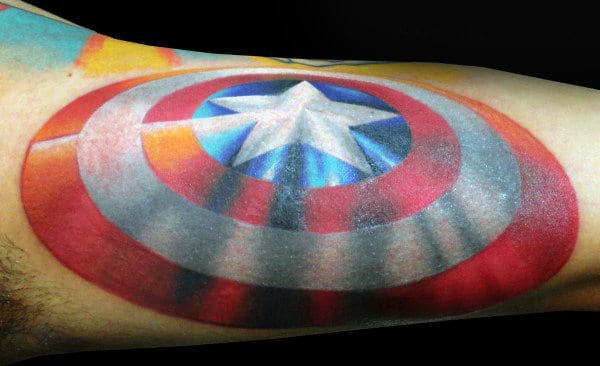 Bicep Captain America Shield Male Tattoo Design Inspiration
