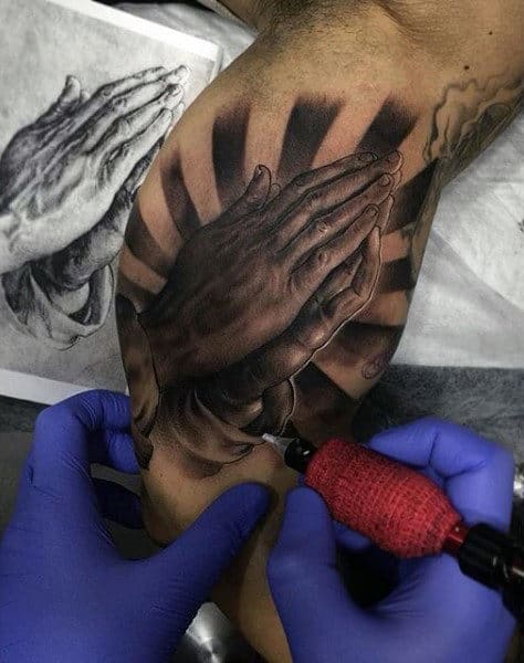 Bicep Praying Hands Tattoo Ideas For Men