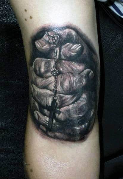 Bicep Realistic Guys Praying Hands With Cross Tattoos