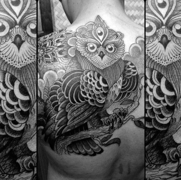 Black And Grey Three Eyed Owl Mens Back Tattoo