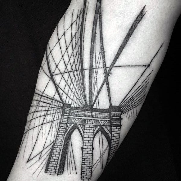 Black Ink Lines Guys Brooklyn Bridge Inner Forearm Tattoos