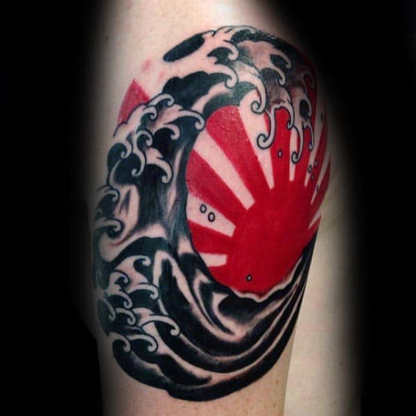 Black Ink Ocean Waves With Red Ink Rising Sun Guys Quarter Sleeve Tattoo Inspiration