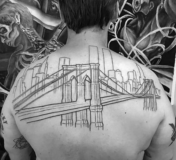 Black Ink Outlines Brooklyn Bridge With Nyc Skyline Back Tattoos For Men