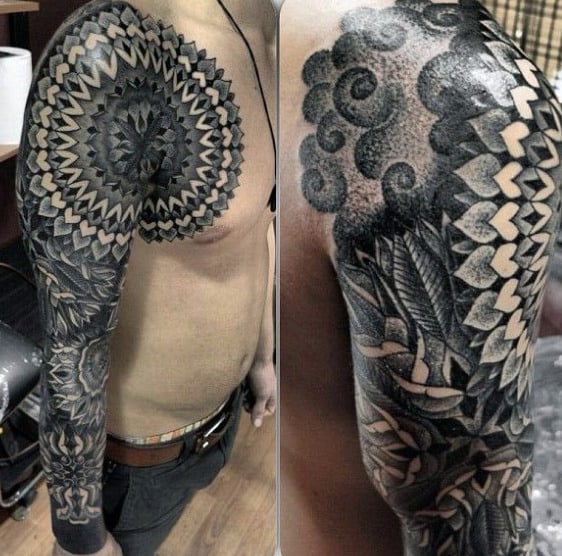 Black Work Geometric Male Tattoo Ideas Full Sleeve