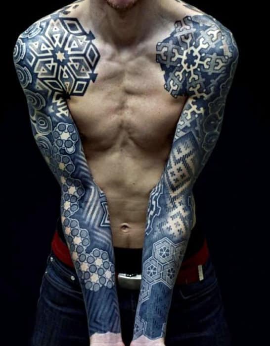 Blue Ink Sleeve Sacred Geometry Tattoos