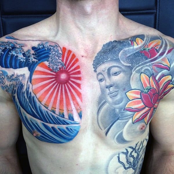 Buddha With Rising Sun Waves Mens Chest Tattoo