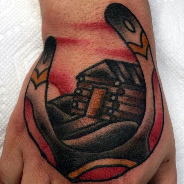 Cabin With Horseshoe Mens Traditional Hand Tattoos