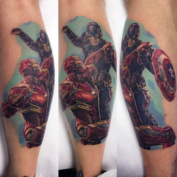Captain America And Ironman Male Leg Calf Tattoos