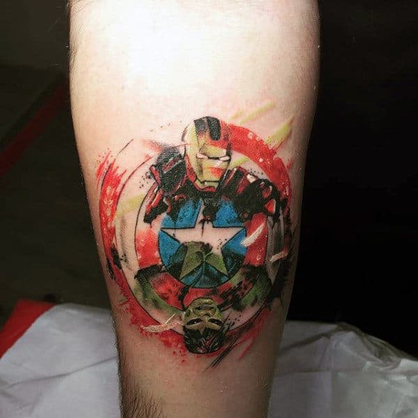 Captain America Shield Tattoo On Man With Ironman And Incredible Hulk Design