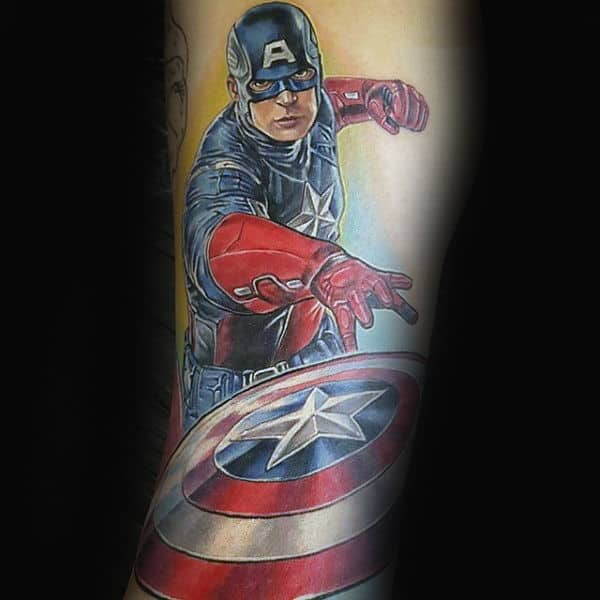 Captain America Throwing Shield Forearm Tattoo For Men