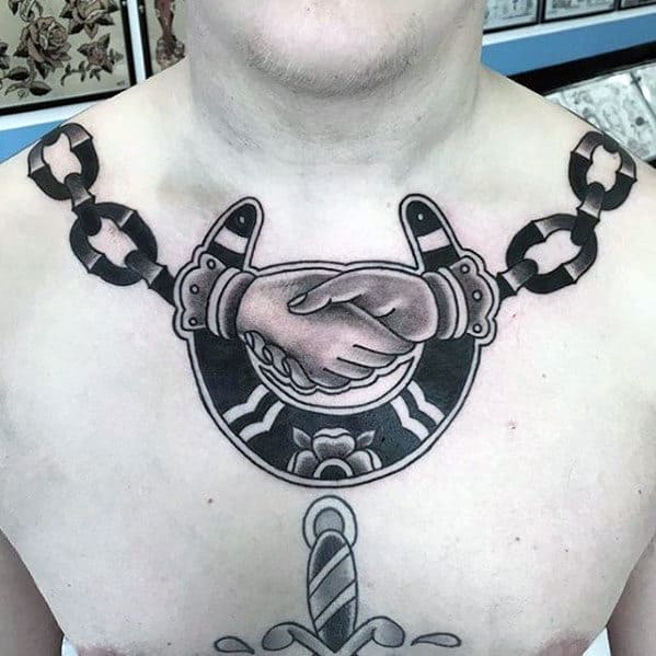 Chains With Hands Shaking And Horseshoe Guys Traditional Upper Chest Tattoo