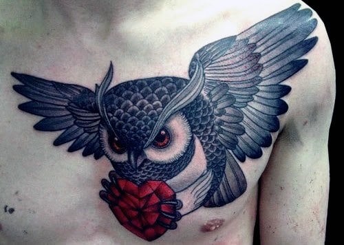 Chest Black And Grey Owls Tattoo On Man With Red Heart