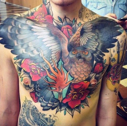 Chest Male Owl Flying Tattoo
