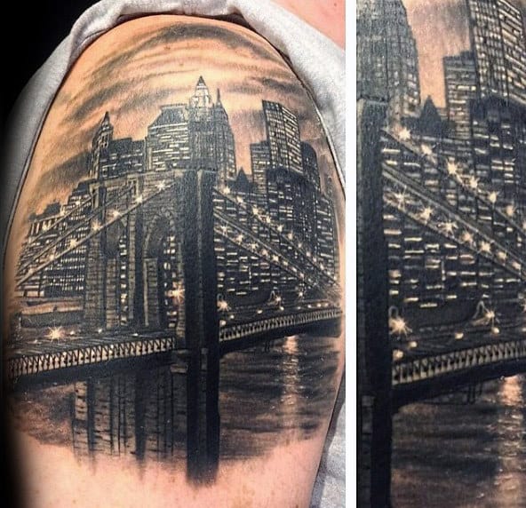 City Lights Mens Brooklyn Bridge Quarter Sleeve Tattoos