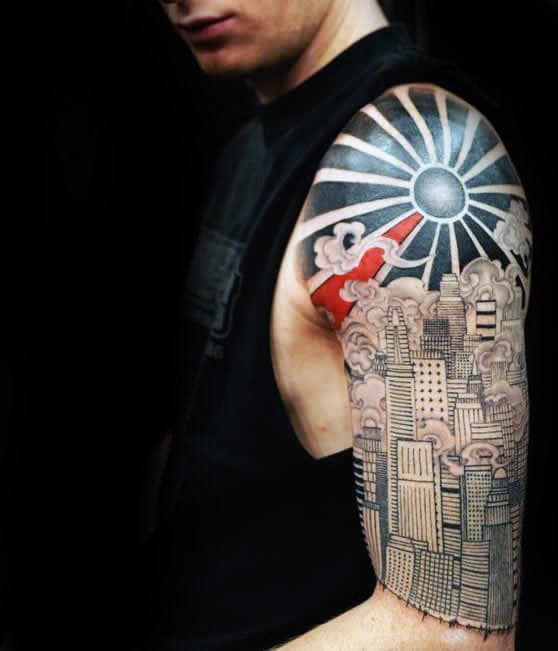 City Skyline With Rising Sun Mens Half Sleeve Tattoos