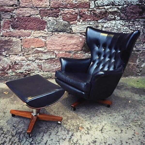 vintage black leather chair with foot rest