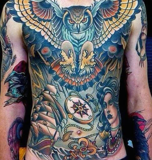 Colored Men's Owl Tattoos On Chest