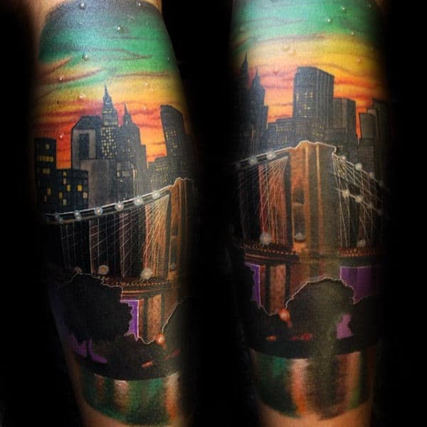 Colorful Brooklyn Bridge Tattoo Sleeves For Guys