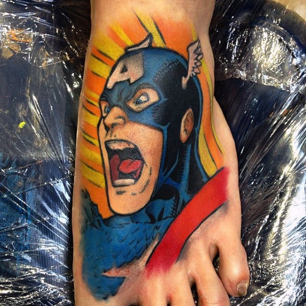 Colorful Male Foot Captain America Tattoo Designs