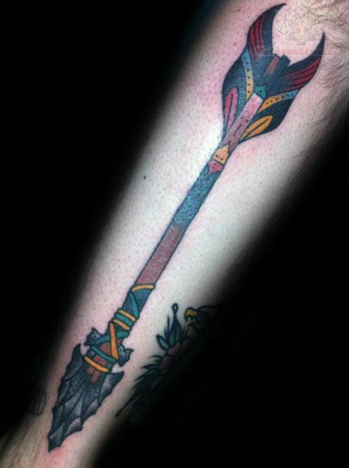 Colorful Vintage Arrow Traditional Mens Outer Forearm Tattoo