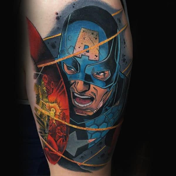 Comic Style Captain America Arm Tattoo For Guys